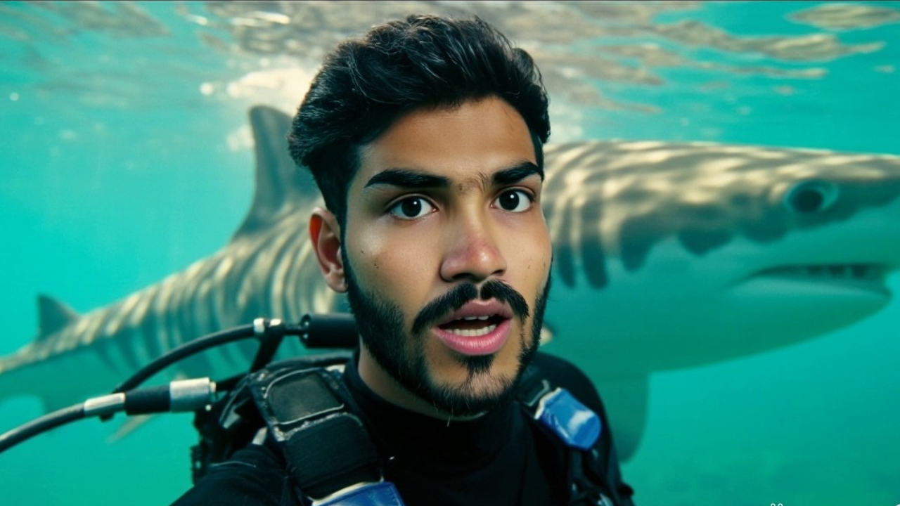 Ai Generated image of careless Aakash scuba diving with sharks